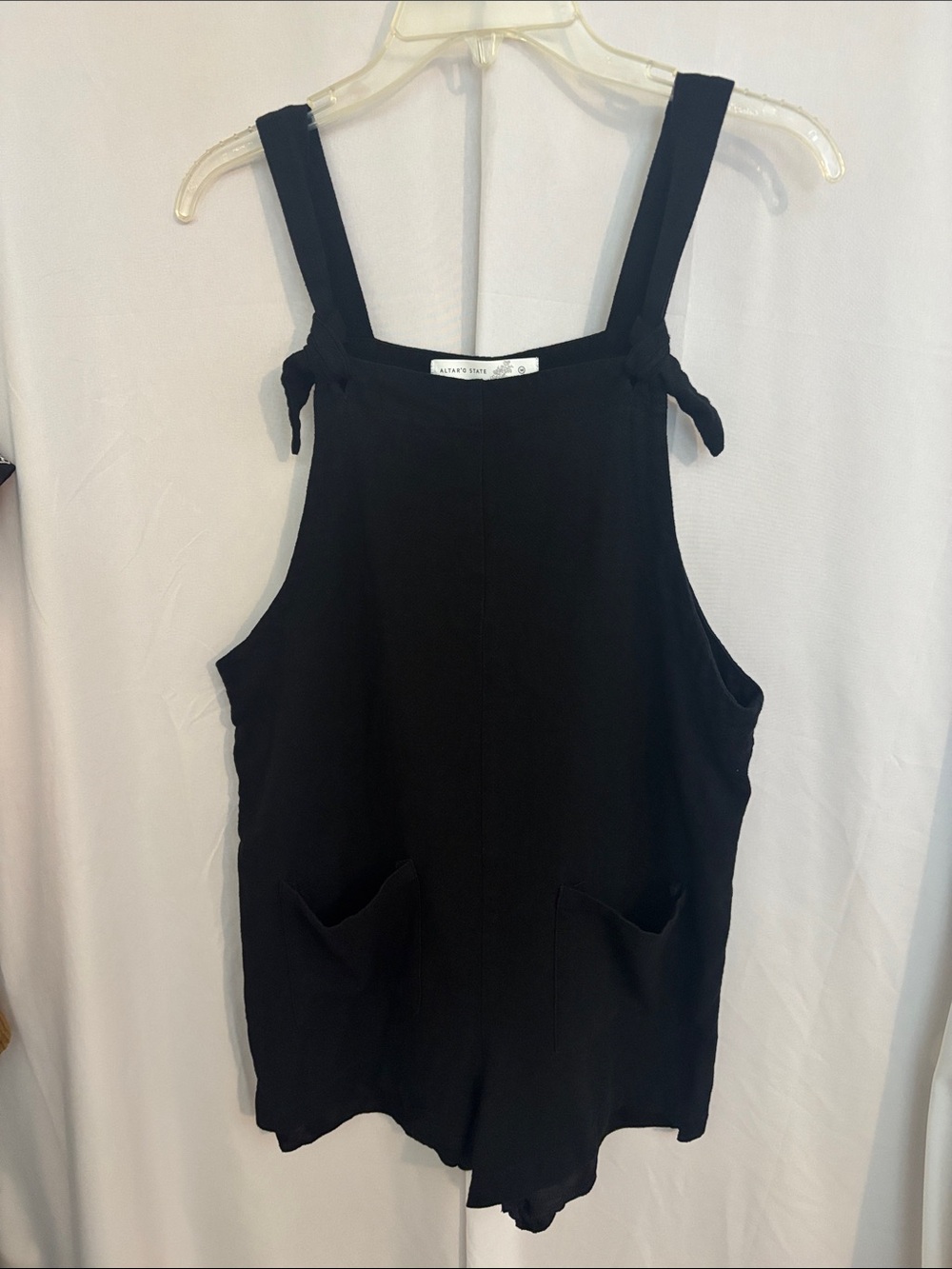 Altar'd State Black Linen-Blend Tie-Shoulder Overall Romper Size Medium